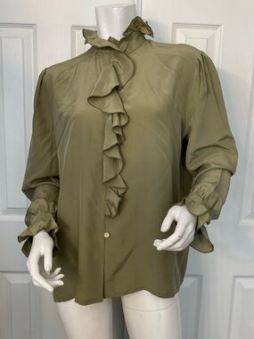 💯Silk Louis Feraud Olive Ruffle-Neck Button Front Blouse